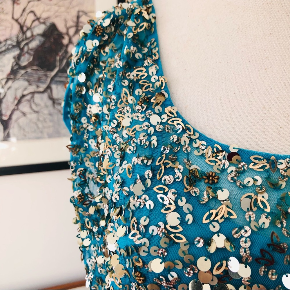 Aidan Mattox Teal Cocktail Dress with Gold Sequins - Picture 2 of 13
